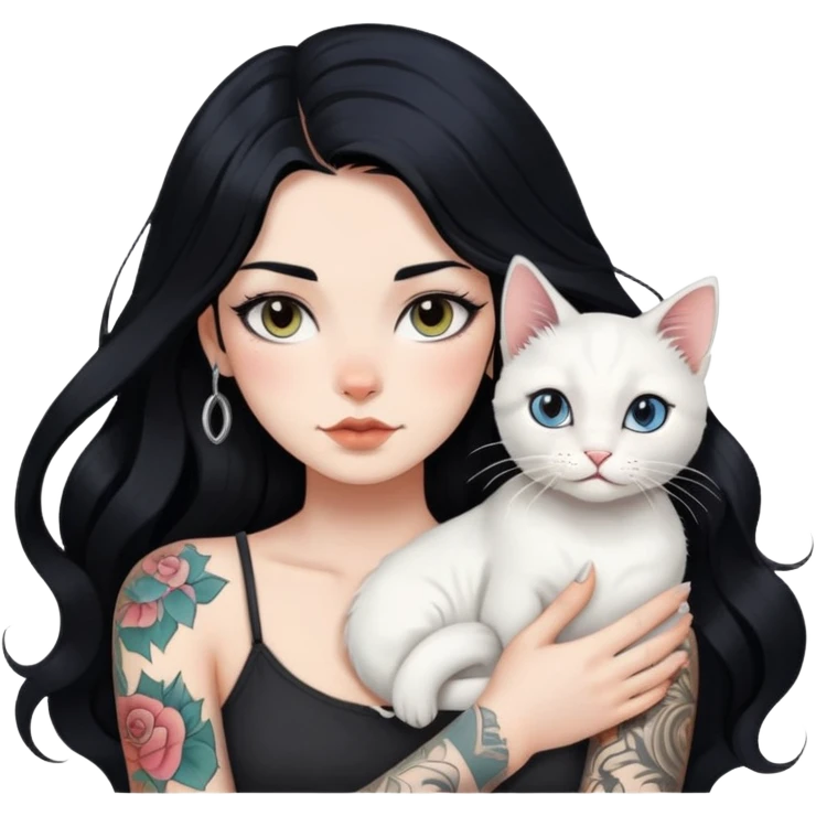 girl with long wave black hair and tattoos and a white cat emoji