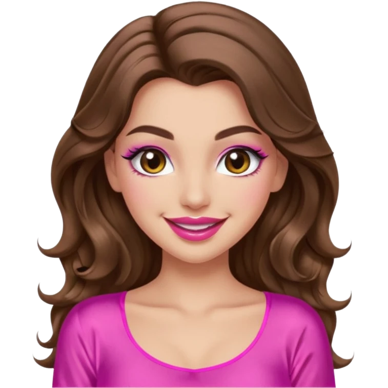 girl with long wavy brown hair, brown eyes, long lashes makeup, sexy pink lips, light to medium complexion, wearing a pink sexy silk top, winking  emoji