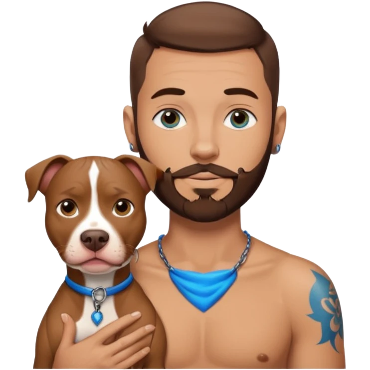 Man with brown beard and very short brown hair and blue eyes, neck tattoo with tan male pit bull  emoji