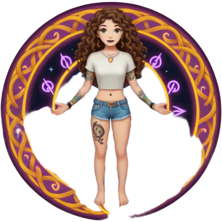 full body view of a woman with long curly brown hair, brown eyes, white skin, tattoos, standing in a magic circle on the ground, neon symbols around her feet emoji