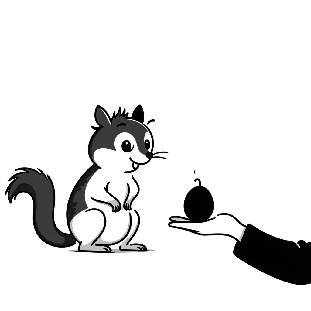 Hand-drawn squirrel with dripping drool, hungry expression, eyeing food emoji