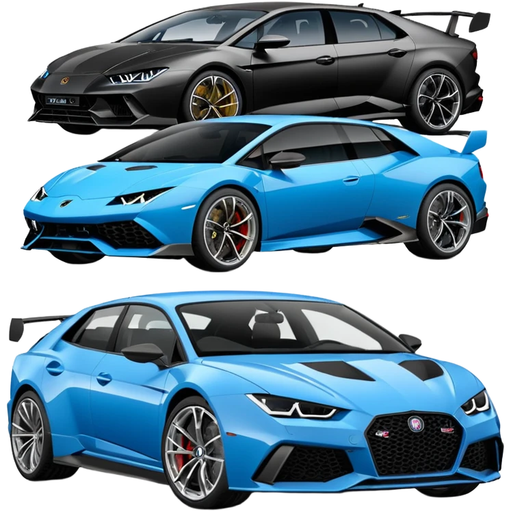 three cars lineup fromt profile forming a semi circle with a lamboghini svj an bmw m140i and a audi rs6 emoji
