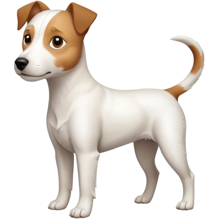 a full body slightly chubby white parson russell terrier looking dog the size of a kelpie with light brown long ears and a light brown patch on one eye and a large snout emoji