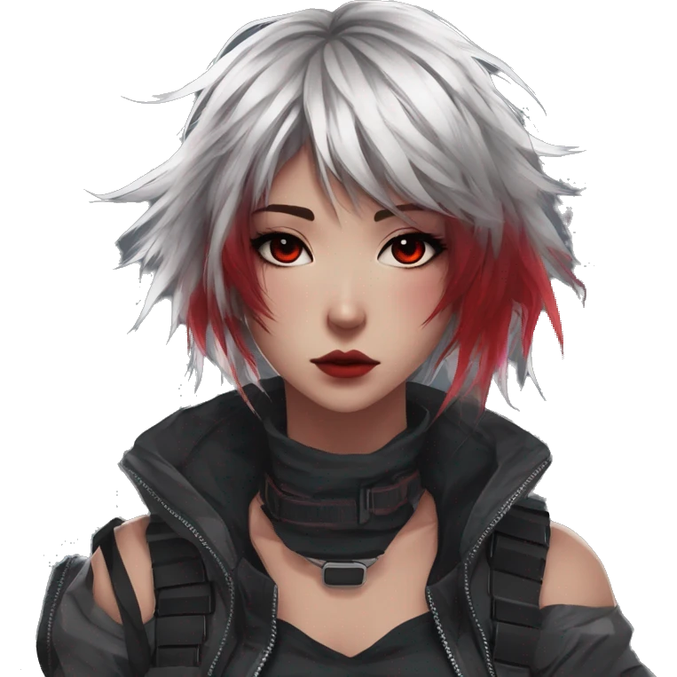 Gorgeous techwear anime style lady with blushing face aesthetic and pretty edgy black red punk messy hair with collar and harness trending style emoji