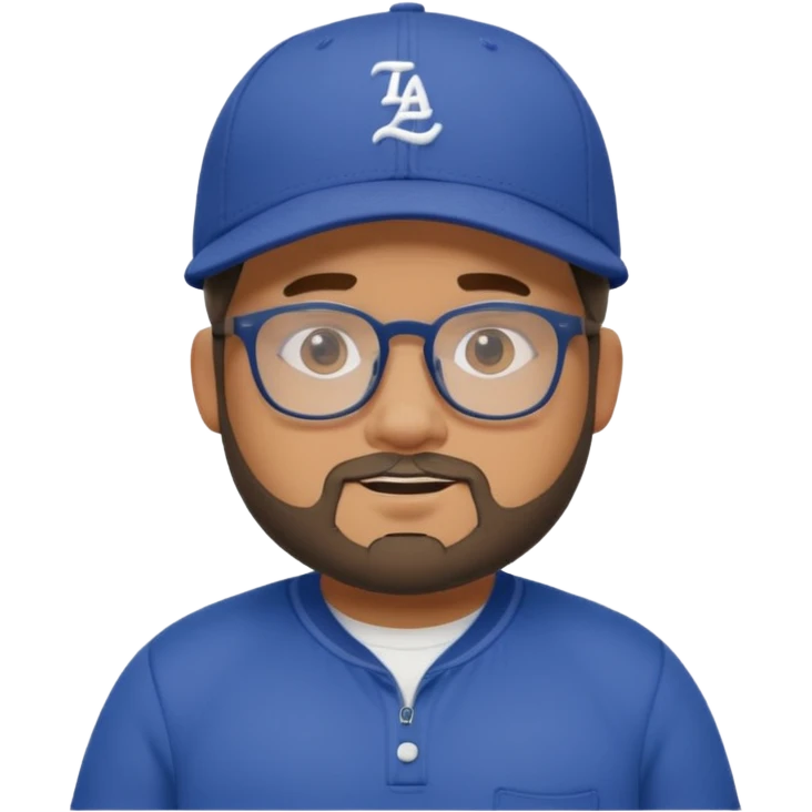 Create a figure that reflects an experienced social media manager but who has youthful and sporty clothing, a little chubby, a New Era cap, glasses, a beard and a slightly funny and friendly face. emoji