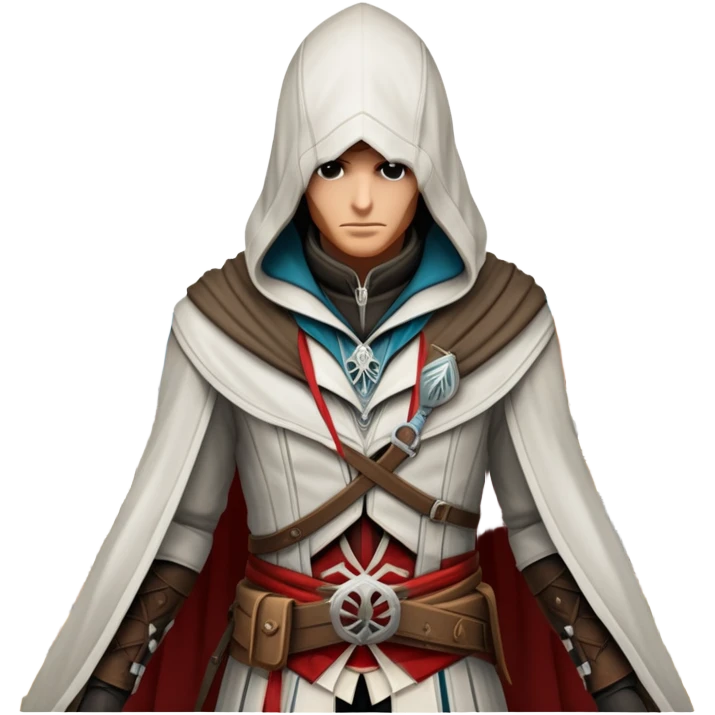 icon featuring Assasin's Creed in an iconic assassin's hood, standing tall against the backdrop of Florence. The design captures the essence of adventure, with intricate details of historical architecture and a sense of mystery. The character is poised, ready for action. transparent background. emoji