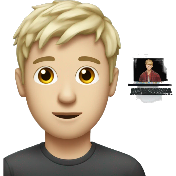 white boy Music producer with a macbook, short hair with fringe emoji