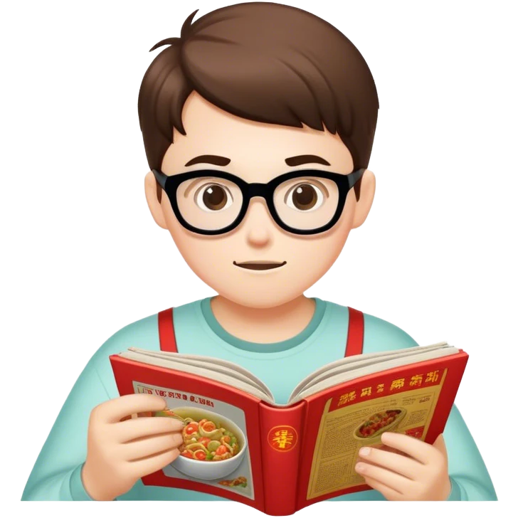 nerd reading comicbook and eating chinese food emoji