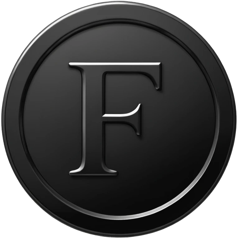 Emoji icon of a black coin with engraved letter F, minimalist style, isolated, only black color emoji