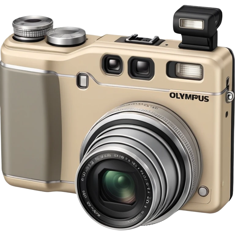 Olympus Superzoom 70G camera, grayish-beige color, accurate representation with correct proportions and silhouette, compact rectangular body with rounded edges, small viewfinder, built-in flash unit on top, lens with zoom functionality, exactly matching the real Olympus Superzoom 70G design emoji
