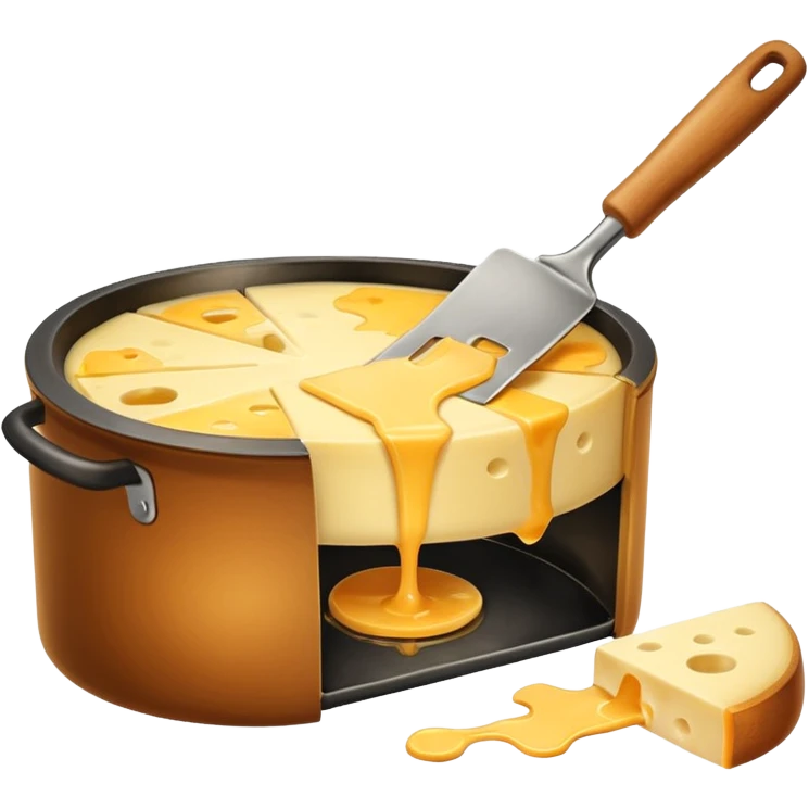a half wheel of raclette cheese being scraped with a metal spatula, melted cheese flowing, warm golden colors, modern emoji style, clean outlines, transparent background emoji