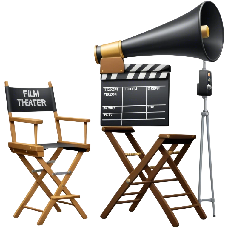 Icon for Directing: a director's chair, a film slate, a megaphone, and a stage set with lights. The icon should represent the creative and leadership aspects of directing, with focus on film and theater production. Transparent background. emoji