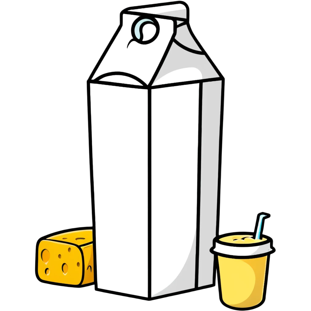 milk carton, cheese wheel, yogurt cup, and butter emoji
