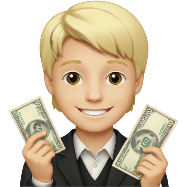 rich young boy, smiling, holding dollar bills emoji
