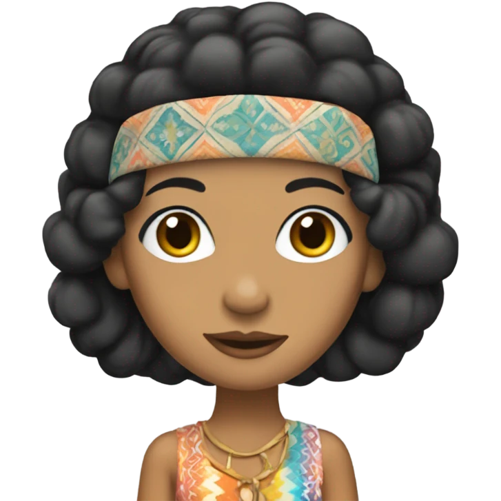 Tanned woman with black hair dressed in 1970s hippie attire, hair, makeup, and  attire with headband  emoji