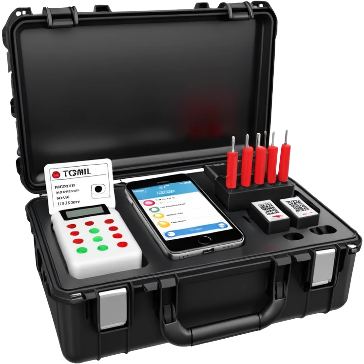 An open, black outdoor test case.Interior: control panel with colored test jacks, USB ports, and a power outlet. A red test probe is located next to it. On the left side of the case is a large roll of white, round test labels displaying QR codes.  emoji