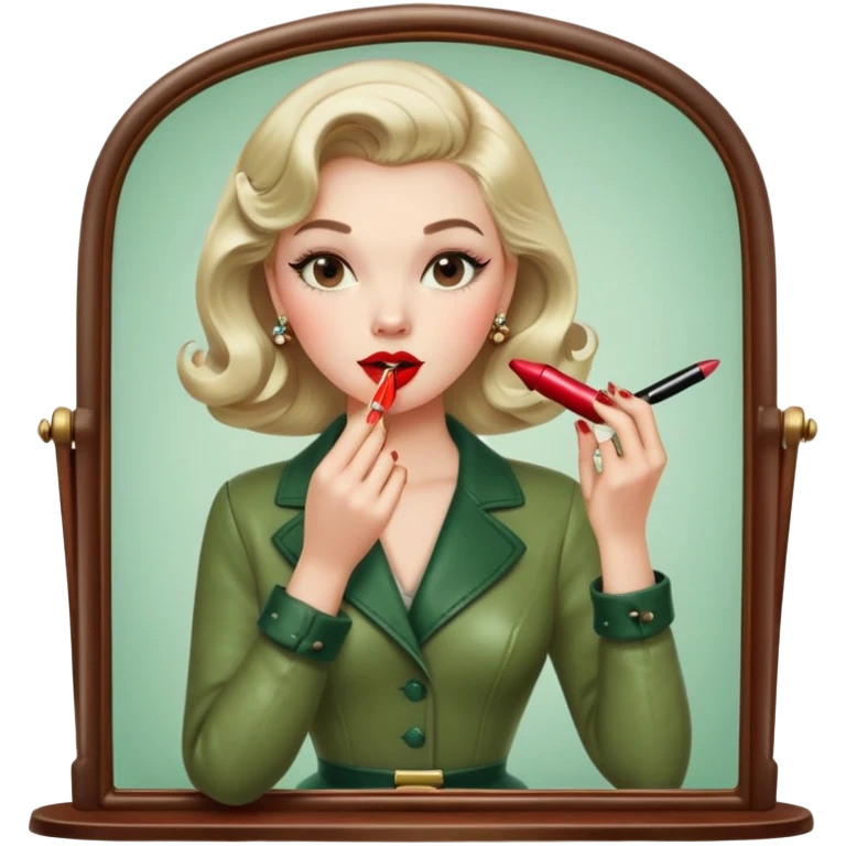Cartoon version of a blogger applying red lipstick in a vintage mirror, classic 50s outfit, warm leather and marsh green tones emoji