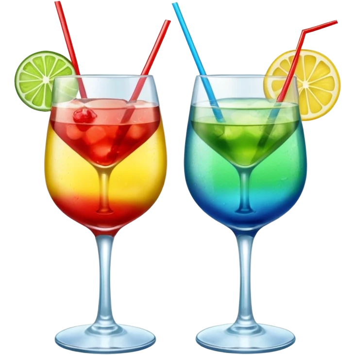 Create an emoji of two cocktails, one glass of green and yellow color and one glass of blue and red, without any fruit, put the action of cheers or party that two glass click together emoji
