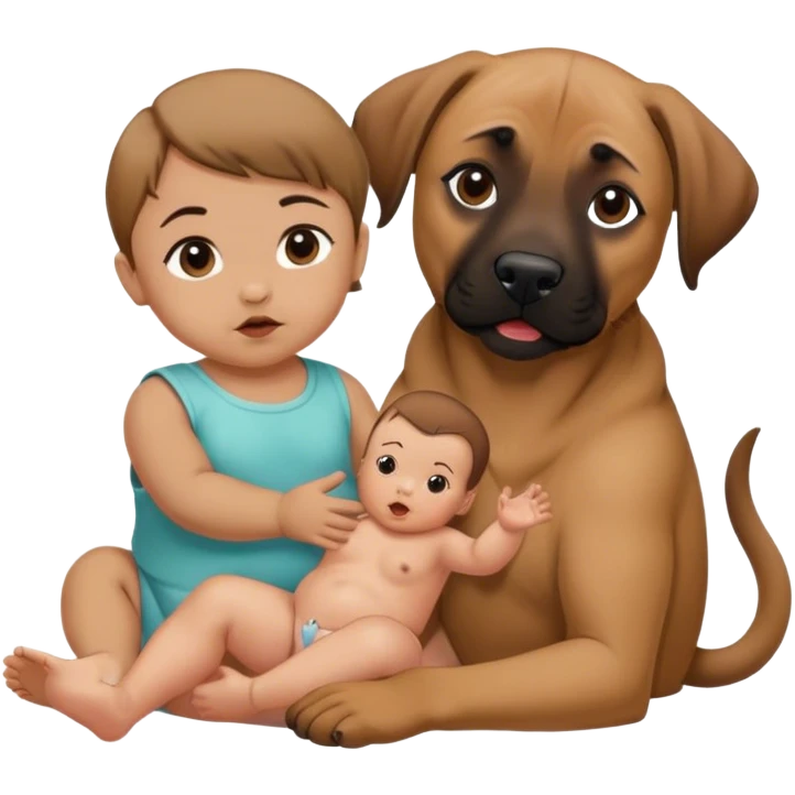 Black mouth cur sitting next to a baby with brown hair emoji