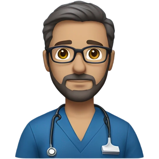 male dark blond with goatee beard doctor with hazel eyes and wire rim glasses in dark blue scrubs holding a large paintbrush emoji
