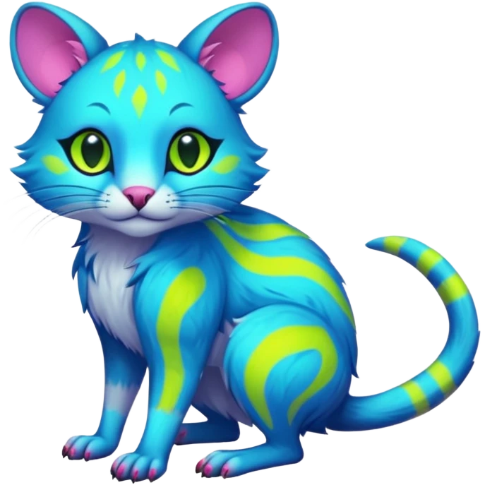 Tropical Neon-colored fantasy feline-rodent-marsupial-critter-vernid-fursona animal creature full body with intricate markings  emoji