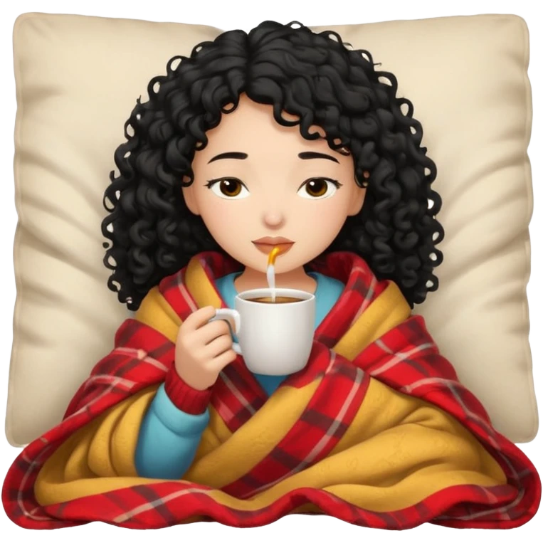 girl with black curly hair inside a blanket sipping coffee eyes closed emoji