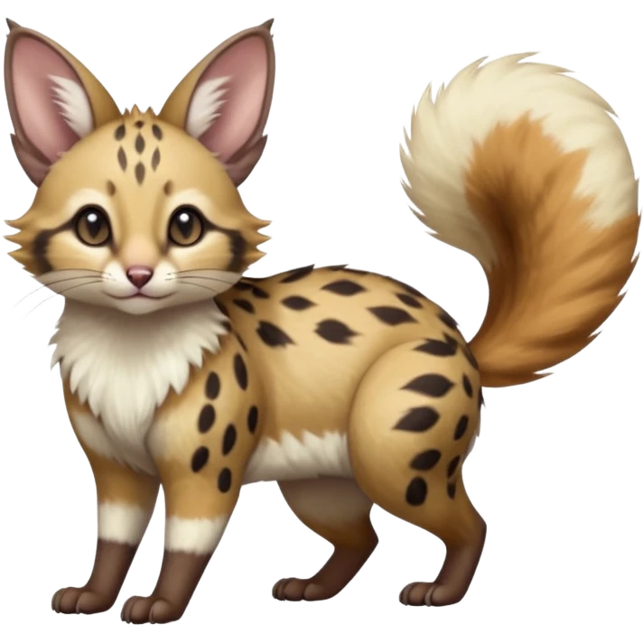 Hyper realistic  beautiful elegant pretty precious cute  Fakémon-Pokémon-opossum-feline-serval-caracal-chinchilla-Furret-Minccino-hybrid-creature with a big fluffy bushy tail (full body) emoji