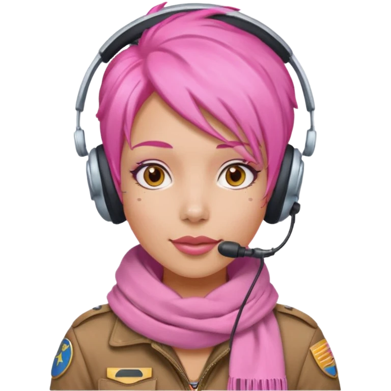 Jet Queen Mia – bubble-gum-hair pilot wearing a headset and pink scarf emoji