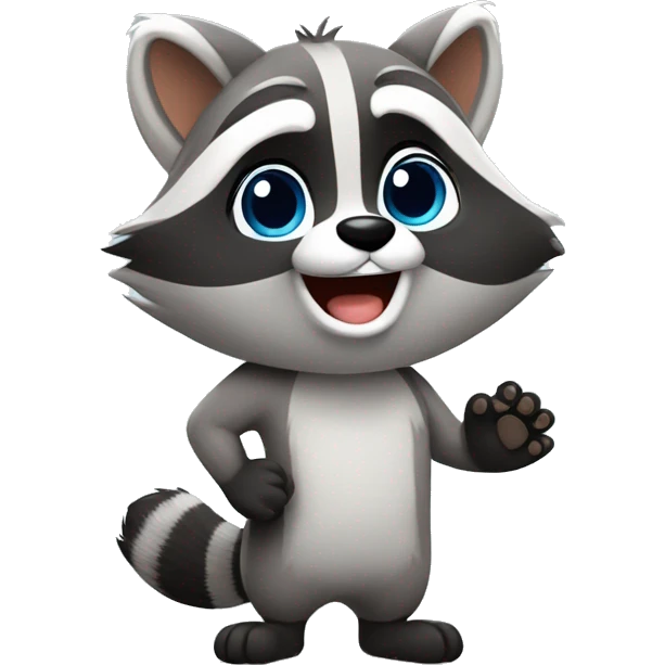 A cute fluffy raccoon waves his paw and greets emoji