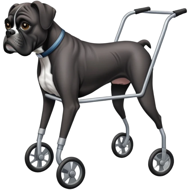 Elderly black boxer dog using a walker  emoji