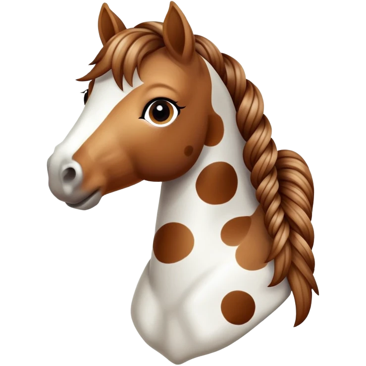 A spotted toy horse with braided mane and friendly expression emoji