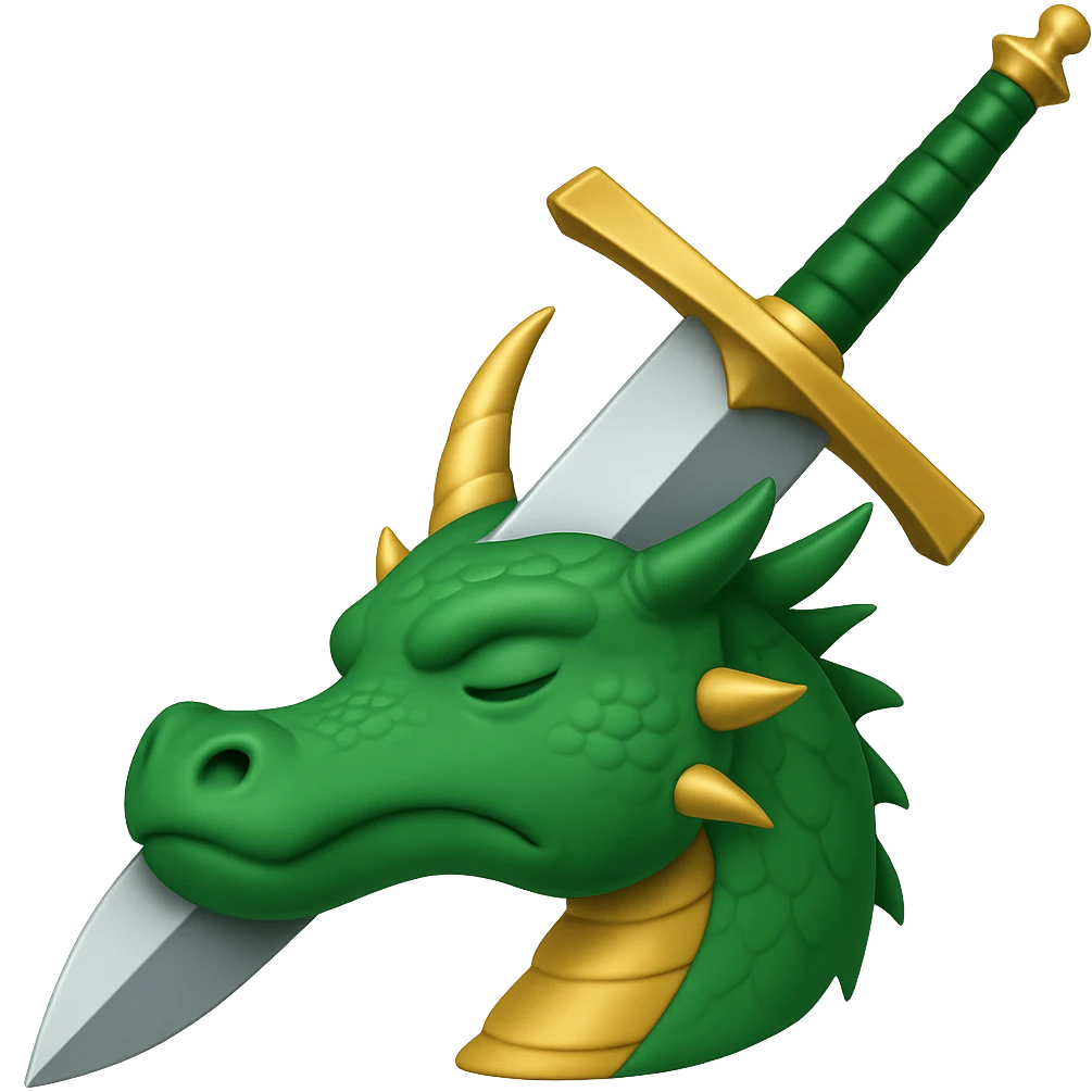 Make the sword much larger, keep the green dragon's head defeated, symbolizing conquering a challenge, in WhatsApp emoji style with no background. emoji