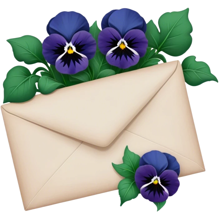 A gracefully aged love letter sealed with a deep green wax stamp, resting beside a navy blue bouquet of pansies. emoji