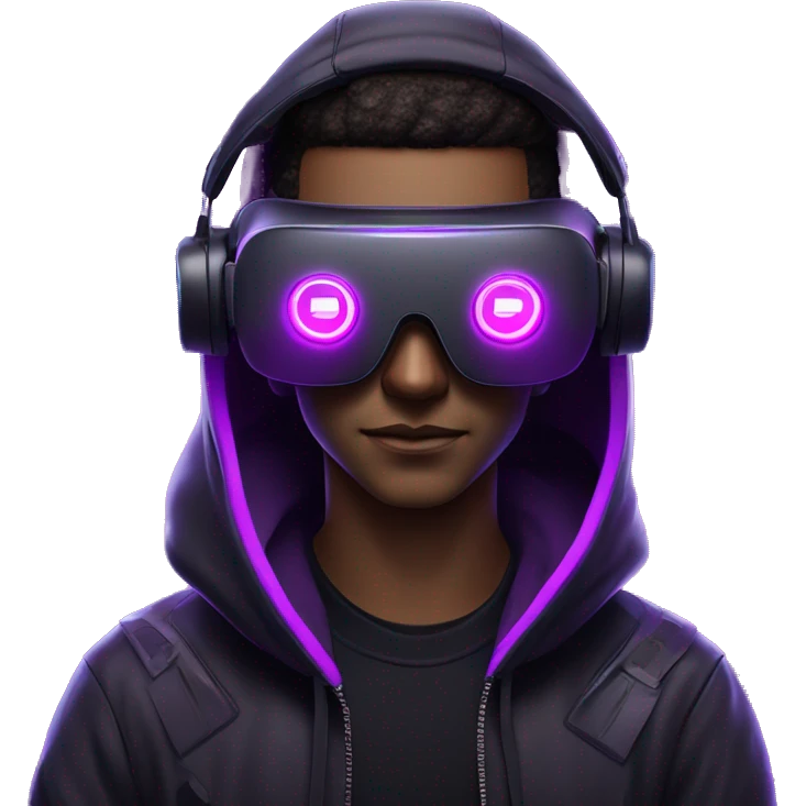 Cyberpunk style. Violet neon. Man with light skin in the black hoody with violet OMG VR logo on it wearing vr headset oculus quest 2 emoji