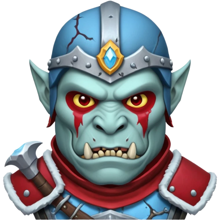 Fantasy Christmas orc legion soldier icon, iron tundra army theme, heavy winter armor, disciplined brutal look, cold steel armor cracked with frozen crimson lines, bloodfrost effect, icy blue and dark red color palette, minimal clean emoji style emoji