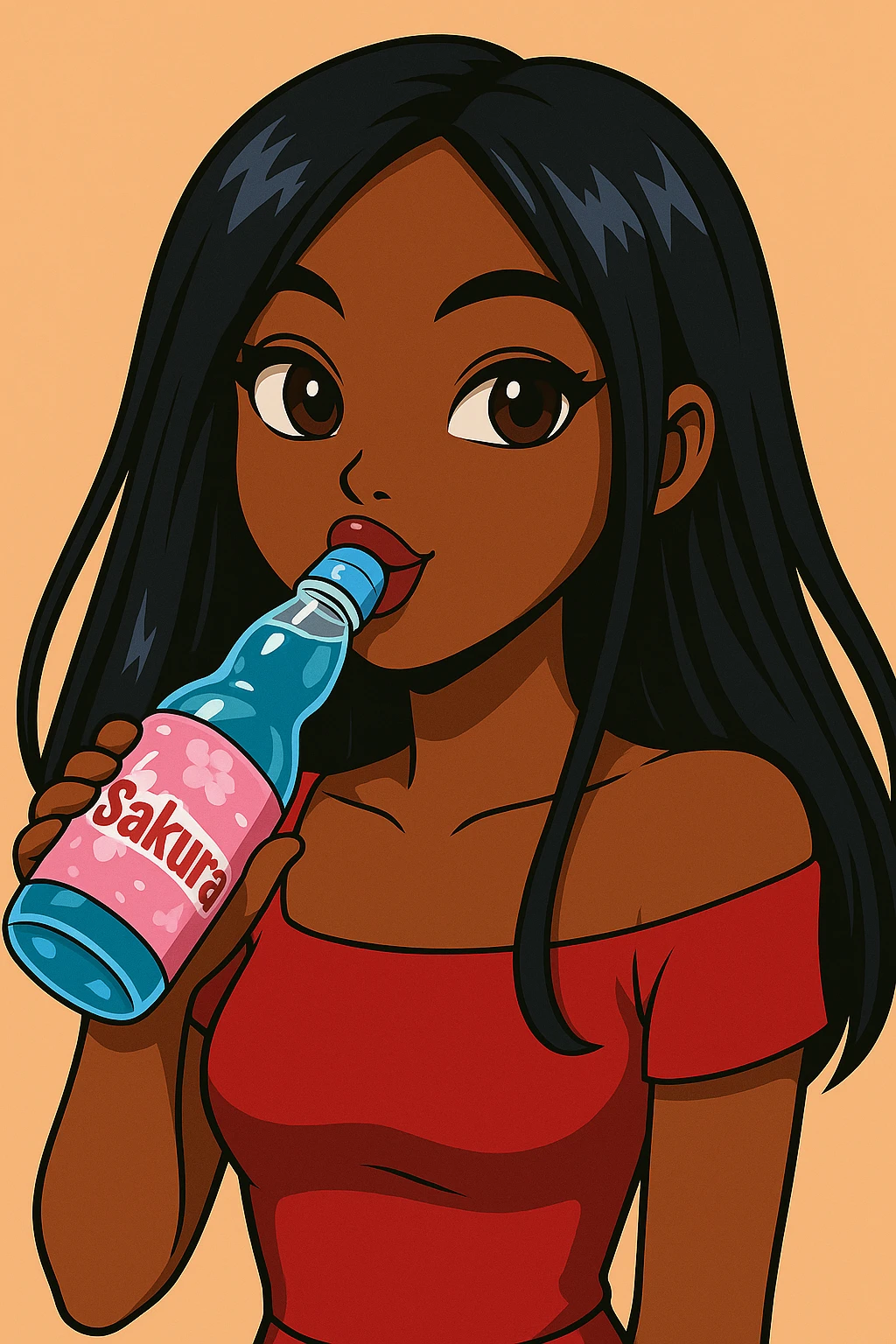 Headshot of a 20-year-old anime Bratz style woman with dark skin, straight hair, trendy outfit, glossy lips, no hat, no tears, happy expression, both eyes open, looking straight ahead, drinking blue Ramune soda labeled 'Sakura'. Change her eyes to brown and her shirt to red. emoji