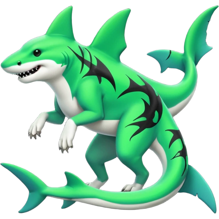 Edgy cool badass Neon-green landhai-sergal-dingo, with a shark tail, with black and dark-green swirly patterns markings emoji