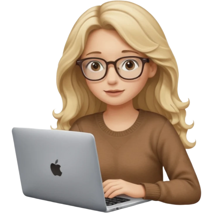 blonde girl with long dark blonde wavy hair, pantos-style glasses, a brown sweater, sitting with a laptop, soft pastel, upper body shot emoji