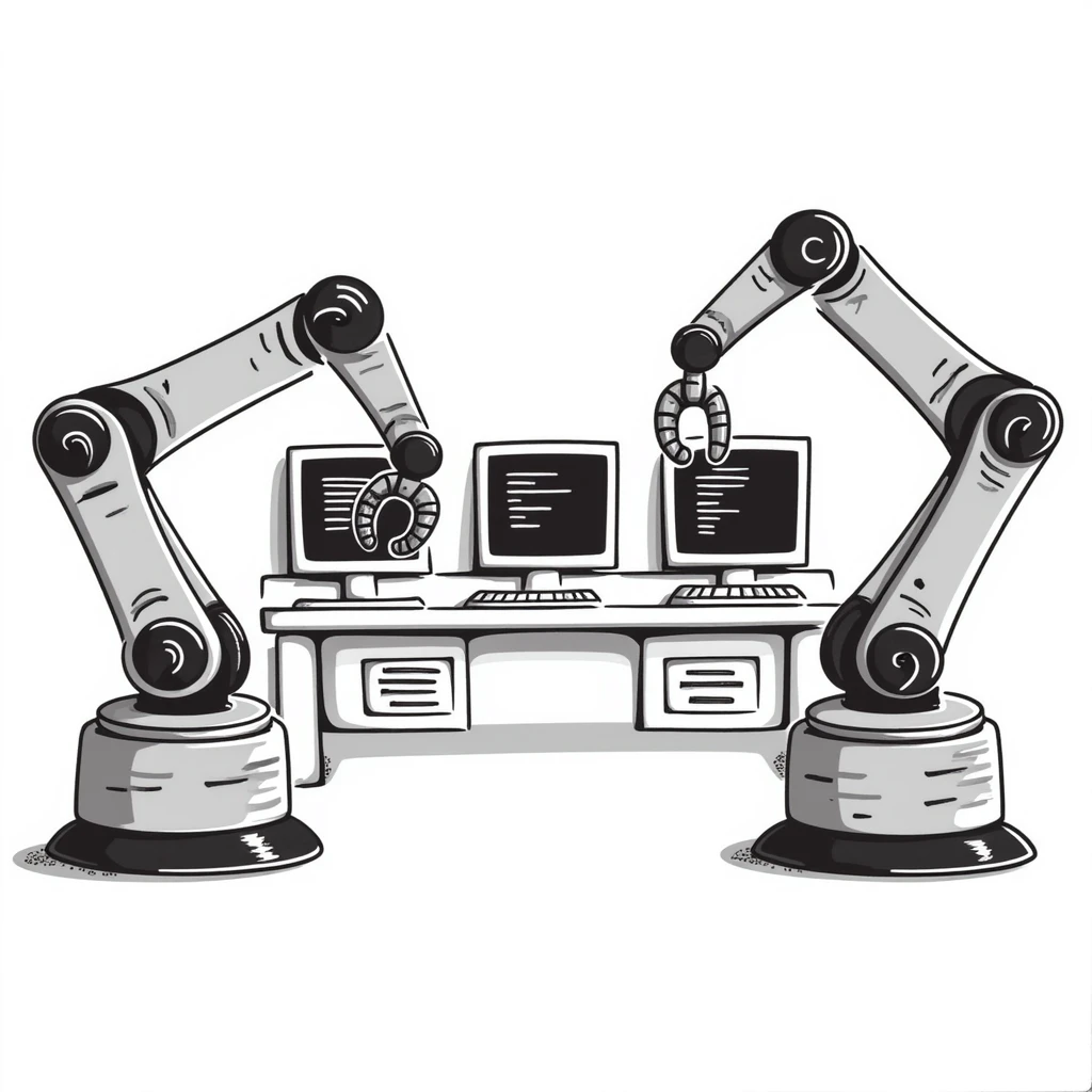 A robotics lab with mechanical arms and old CRT monitors emoji