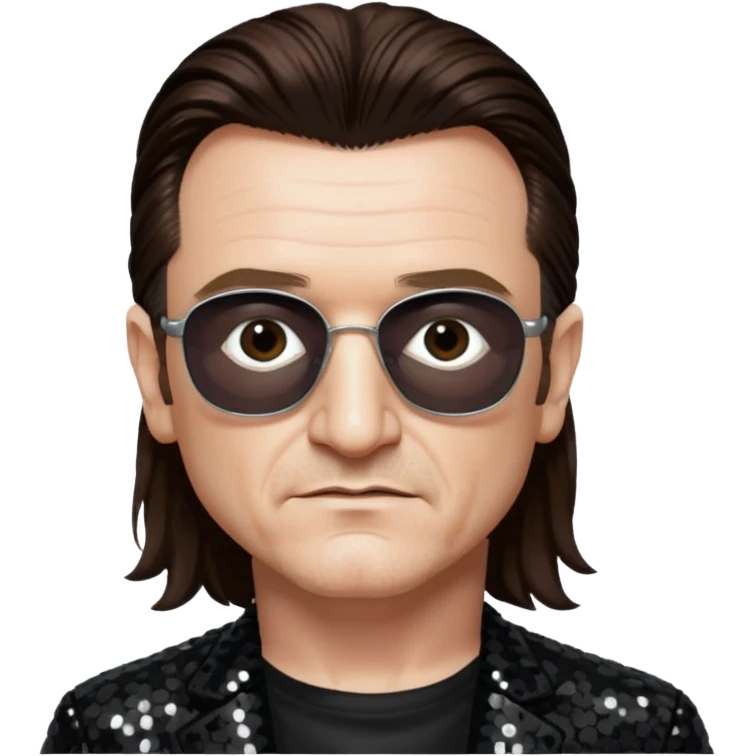 Bono from U2 with long dark brown hair, black sequin outfit  emoji
