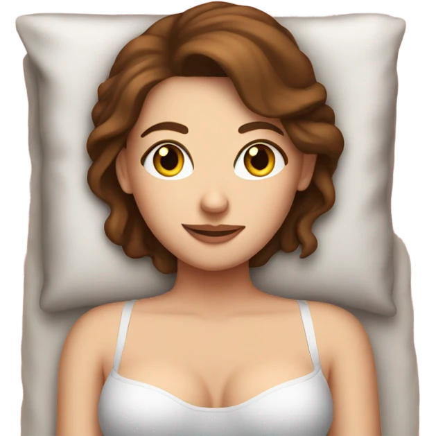 White girl with brown hair in a bed in bra  emoji