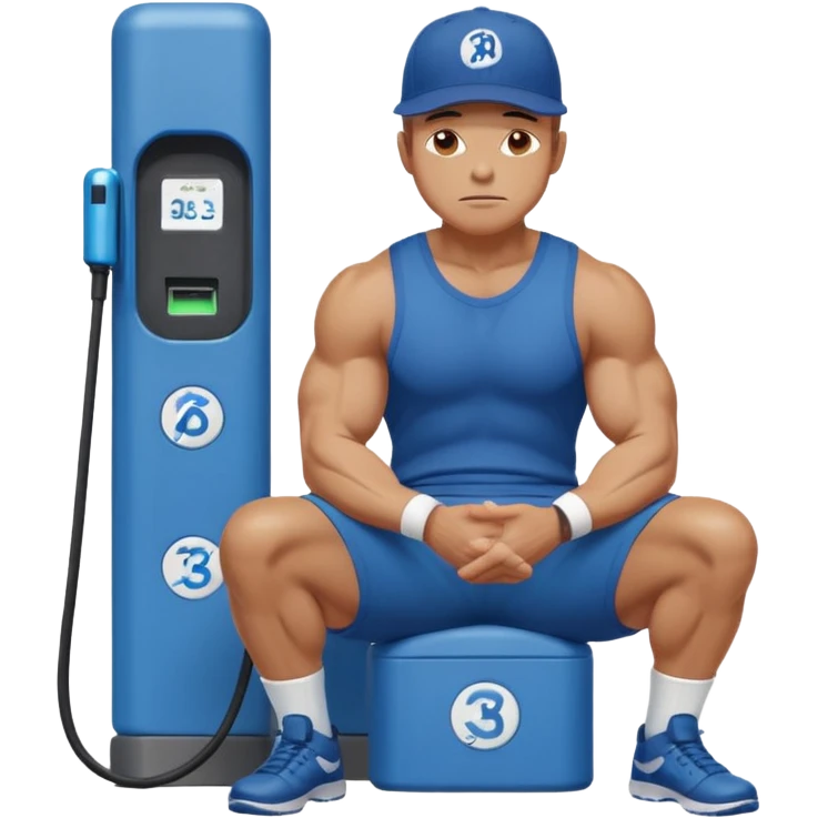 A naked man with bulging muscles sits in a thoughtful pose at a Bluetti charging station. emoji