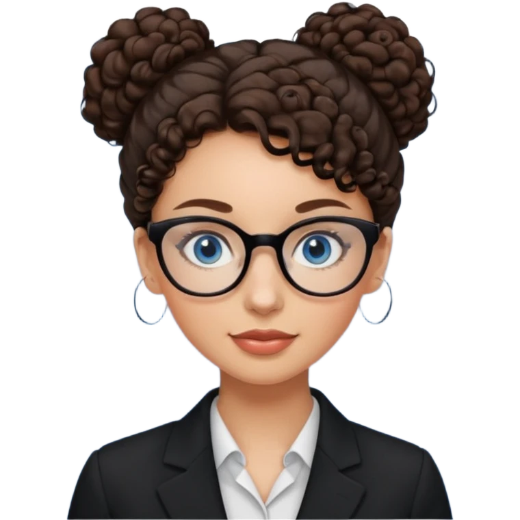 a woman, 30 years old, light skin with dark brown curly hair in a bun with some face framinig pieces. eyeglasses. Black suite on. blue eyes. emoji