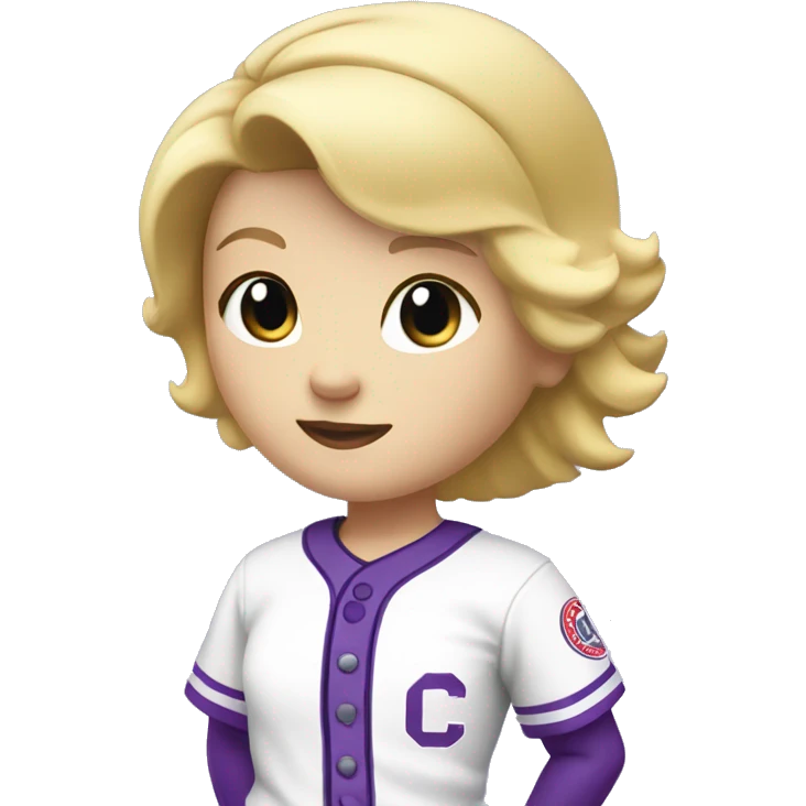baseball card character. Blonde female short straight hair. letter C logo. Purple and white uniform. emoji