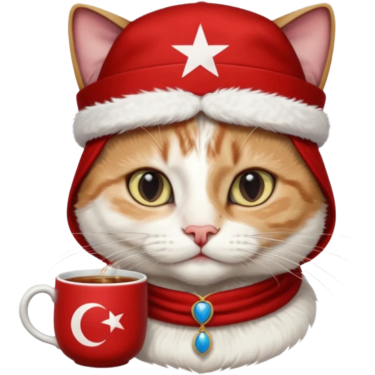 Arkasında Türk bayrağı olan  ve çay içen kafasına fes takan bir van kedisi emoji