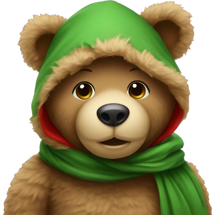 Teddy bear with hood and green-red scarf emoji