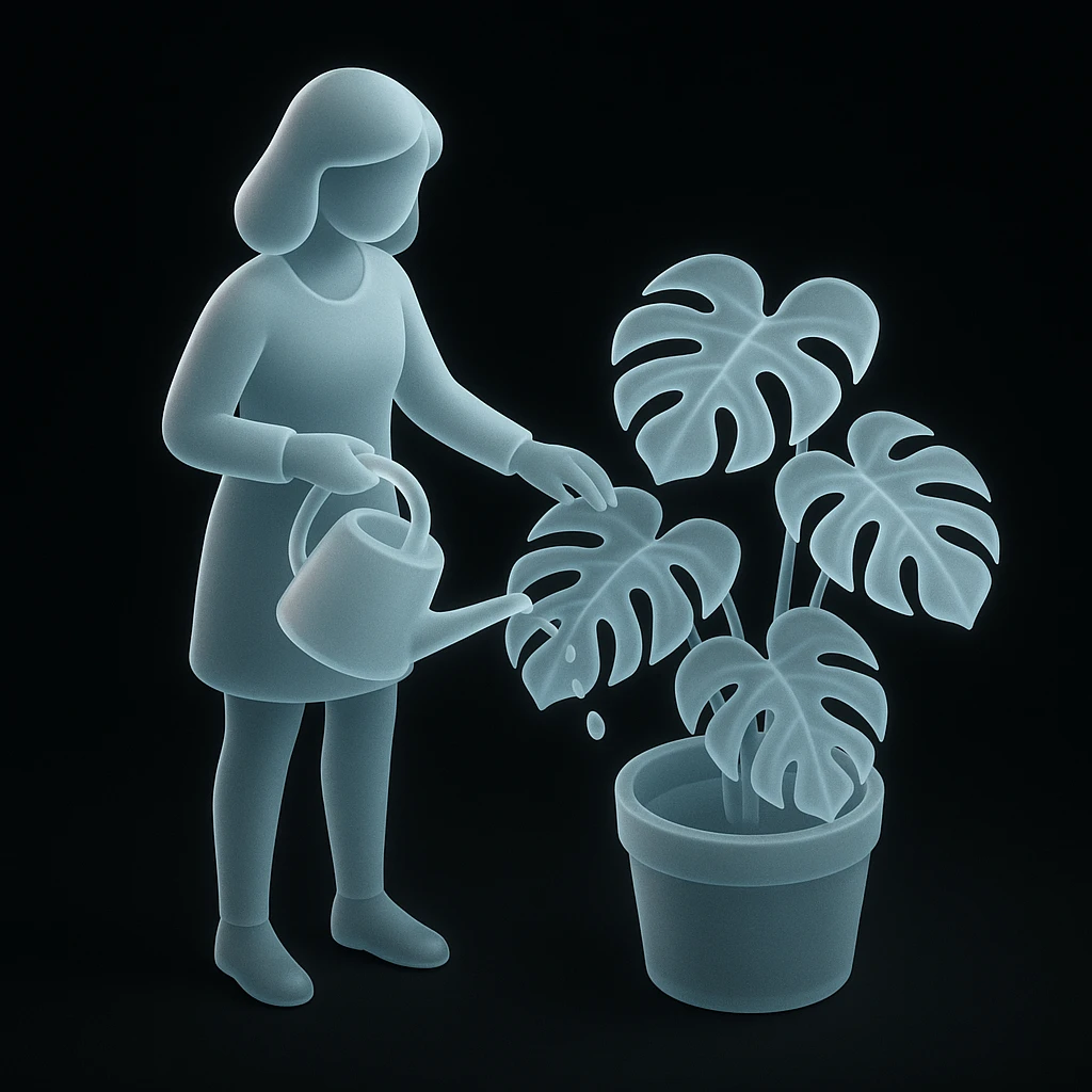 woman watering her monstera plant emoji