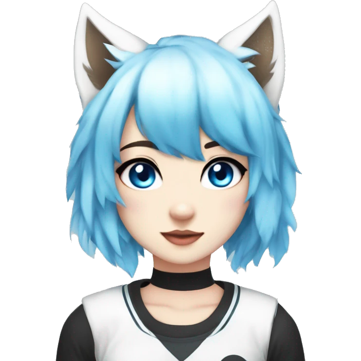 bella the wolf girl blue hair white top with black and white arm warmers and blue eyes kawaii anime girl emoji