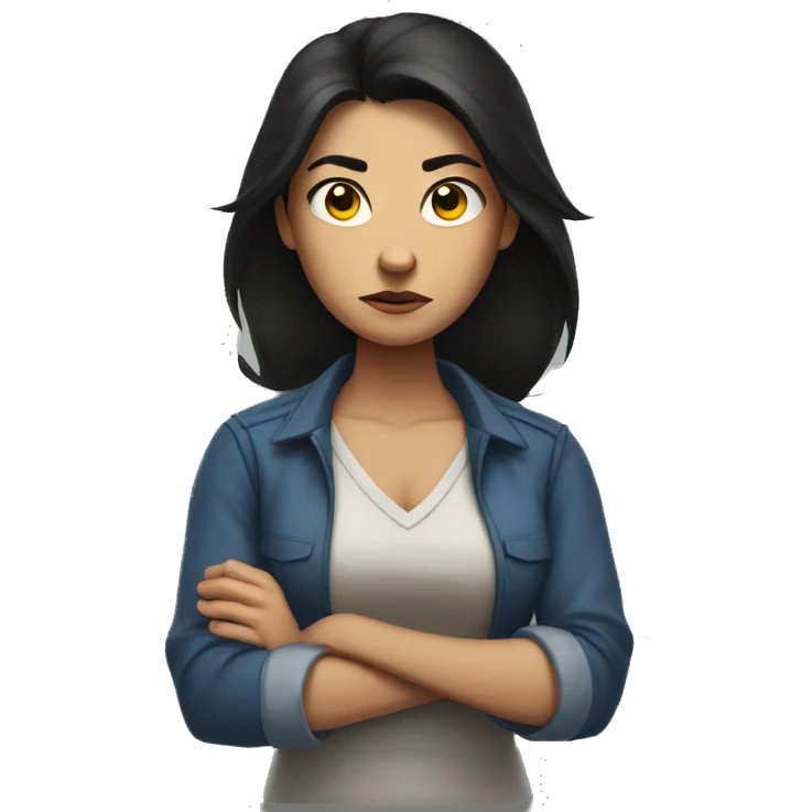 Angry scowling woman, long dark hair, with arms crossed over chest. emoji