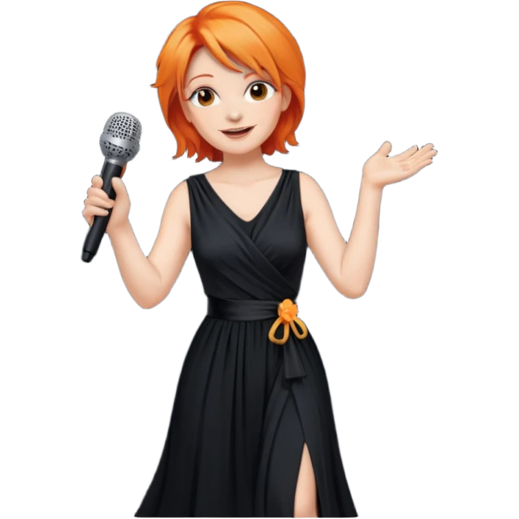 singer, Middle age, orange hair, happy, holding mic, wearing dress emoji